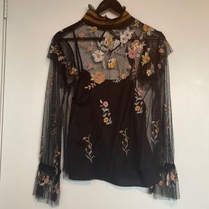 Zara Black Embroidered Floral Sheer Top